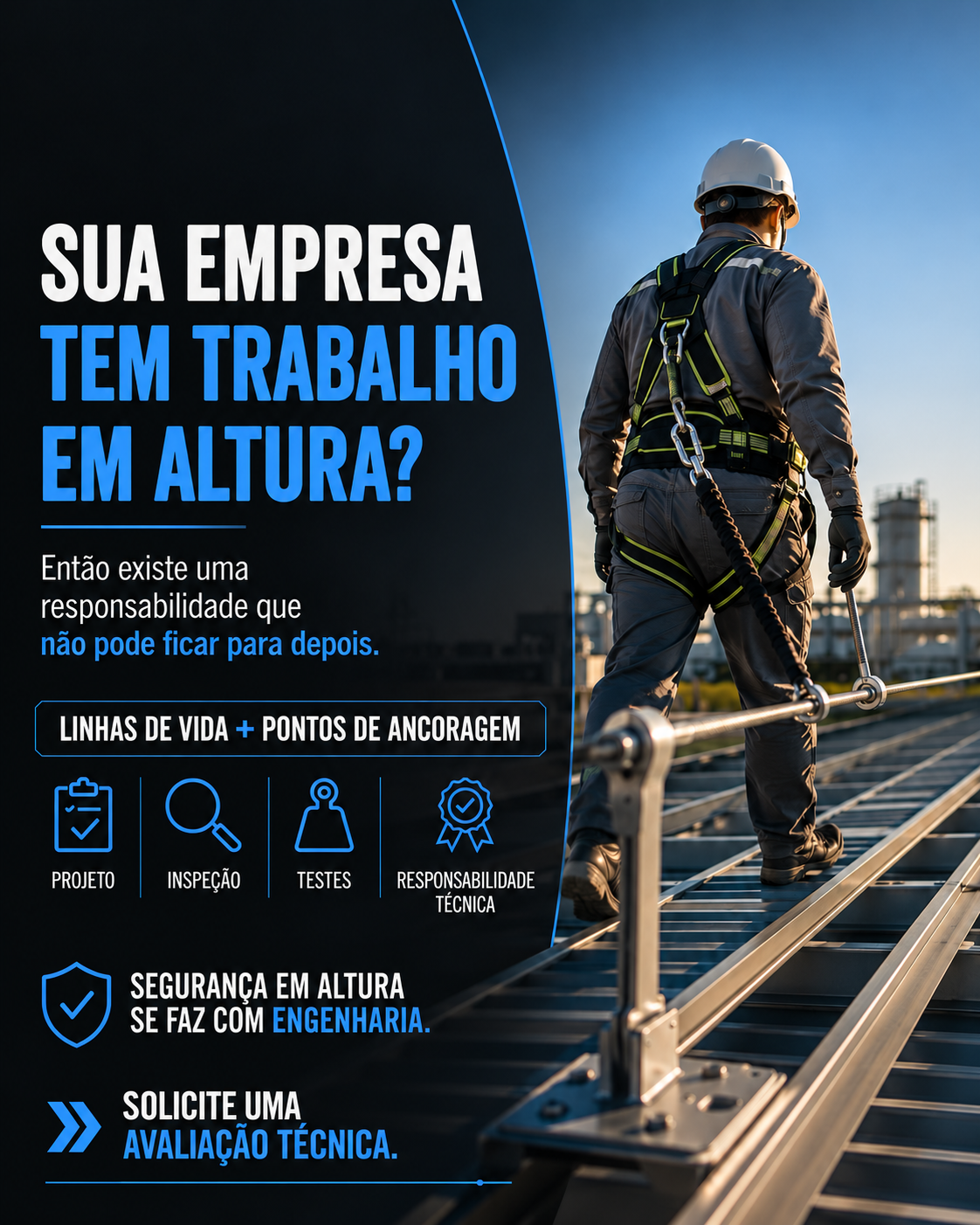 Material ilustrativo sobre Cuidado com o trabalho em altura, com destaques azuis e sem marcas de terceiros