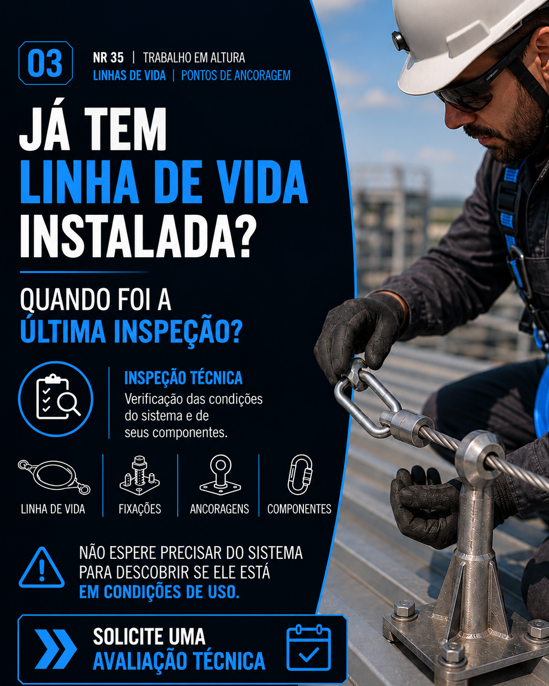 Material ilustrativo sobre Inspeção de linha de vida existente, com destaques azuis e sem marcas de terceiros