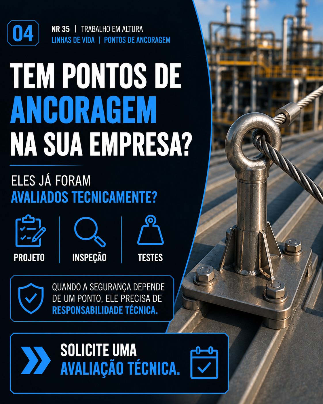 Material ilustrativo sobre Avaliação de pontos de ancoragem, com destaques azuis e sem marcas de terceiros