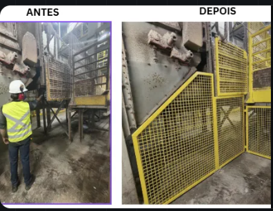 Antes e depois: proteções no entorno do equipamento, com proteção metálica amarela na imagem à direita