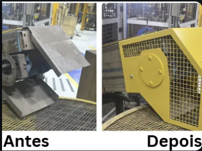 Antes e depois: proteção de componentes da máquina, com proteção metálica amarela na imagem à direita