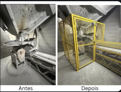 Antes e depois: proteção ao redor da área de operação, com proteção metálica amarela na imagem à direita